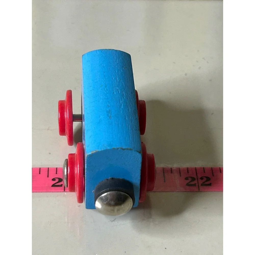 Blue Wooden Toy Train Car with Red Wheels Magnetic Connectors for Track Sets